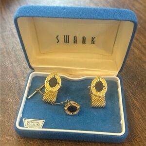 Vintage NIB SWANK Gold and Black Sodalite cufflinks  Set with tie pin